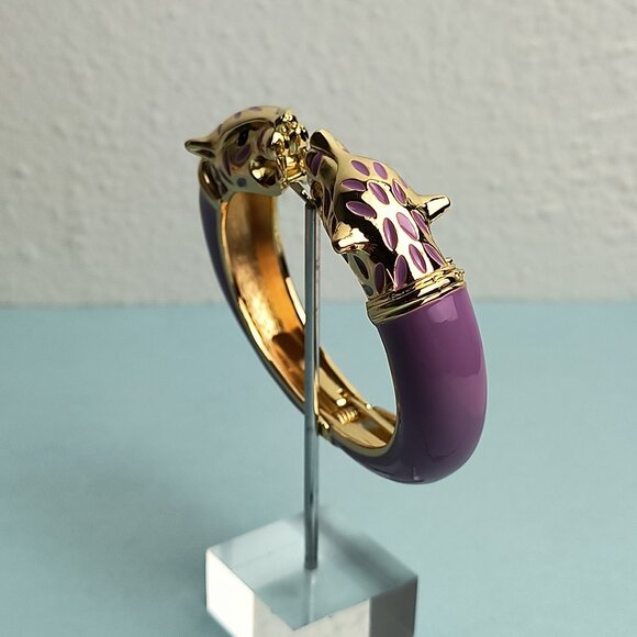 Statement Chunky Glaze Hinged Cuff Bracelet Double Wolf Head Purple Gold… - Picture 3 of 8